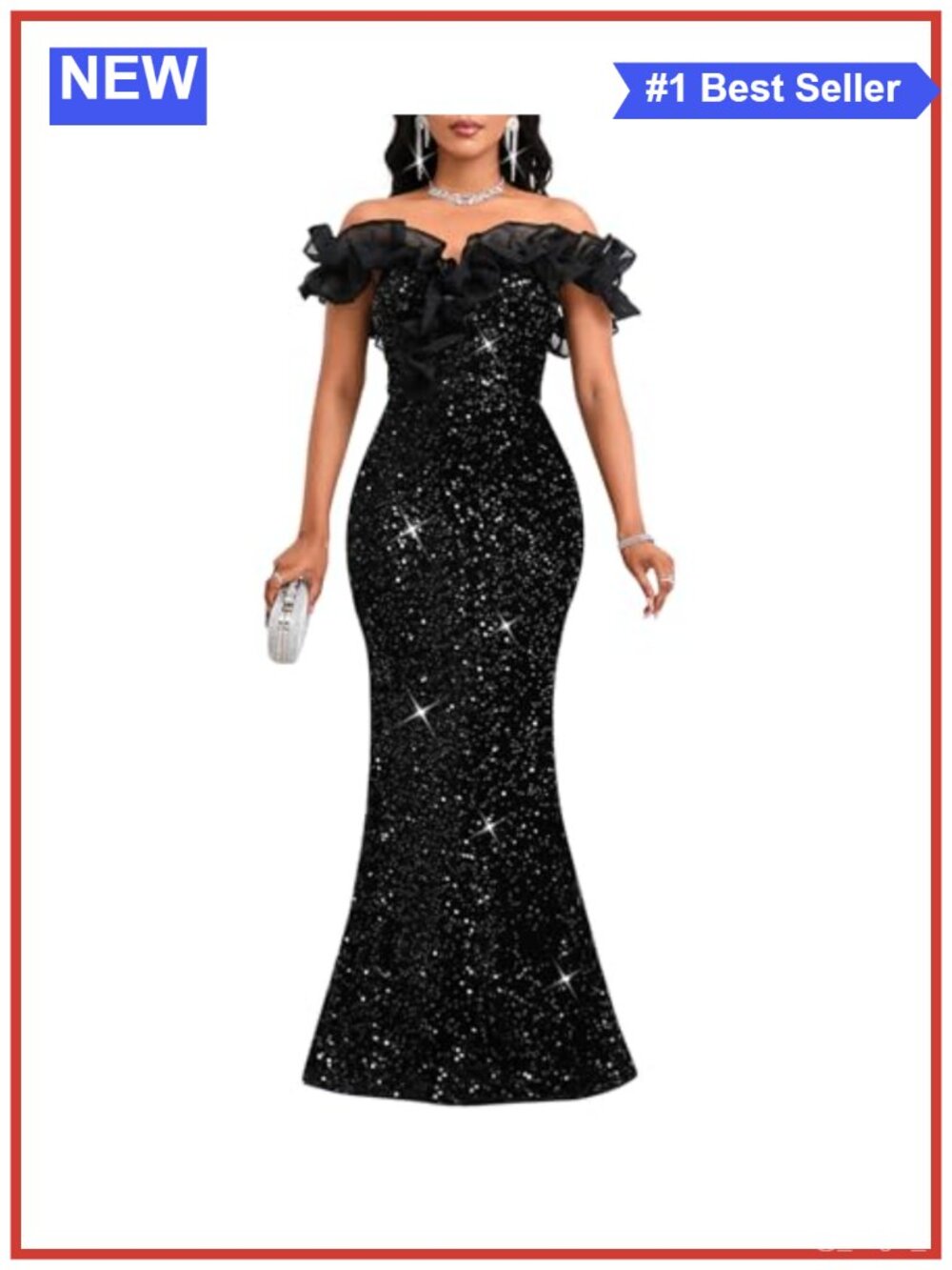 Sequin Off Shoulder Ruffle Mermaid Formal Evening Gown Dress